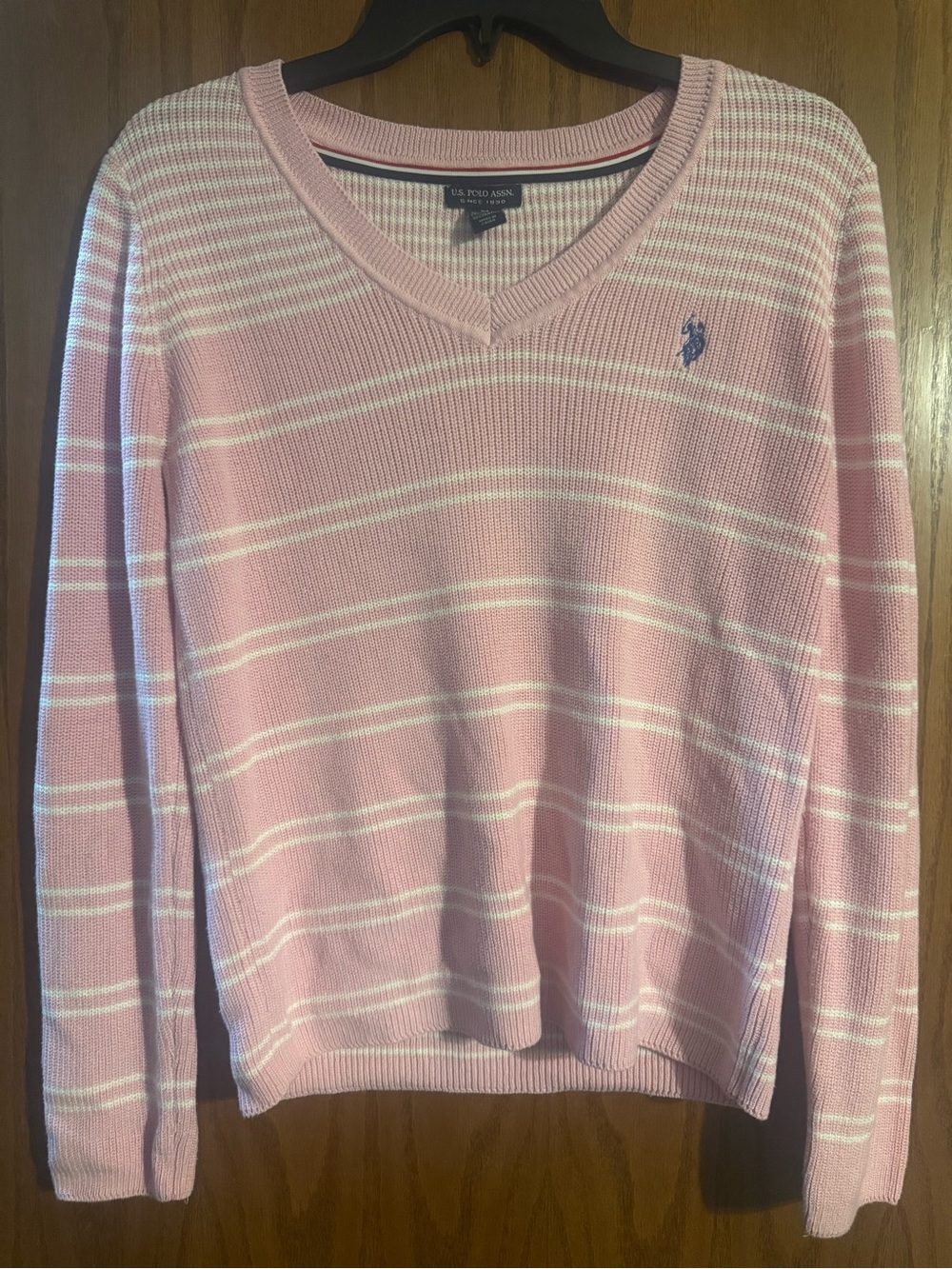 U.S. Polo Assn. Light Pink and White Striped V-Neck Sweater